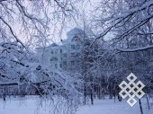 Югорские кружева. Показалось, что дом правительства Ханты-Мансийского автономного округа (Югры) отделился от всех этой красивой зимней баррикадой.